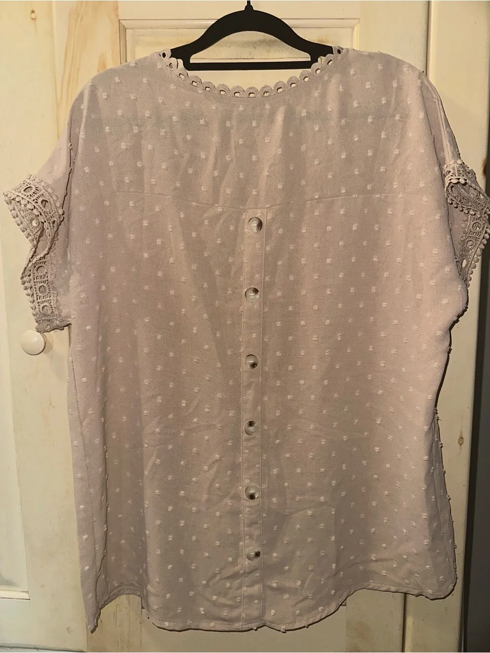 Dokotoo Womens M Khaki Beige Swiss Dot Crochet Lace Button Back Babydoll Top